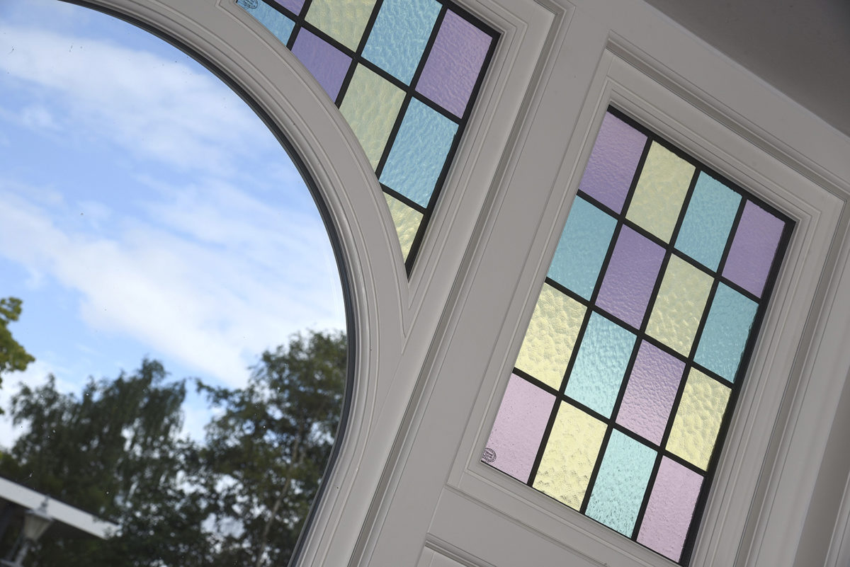 Flush Casement Windows In Off White With Bespoke Stained Glass